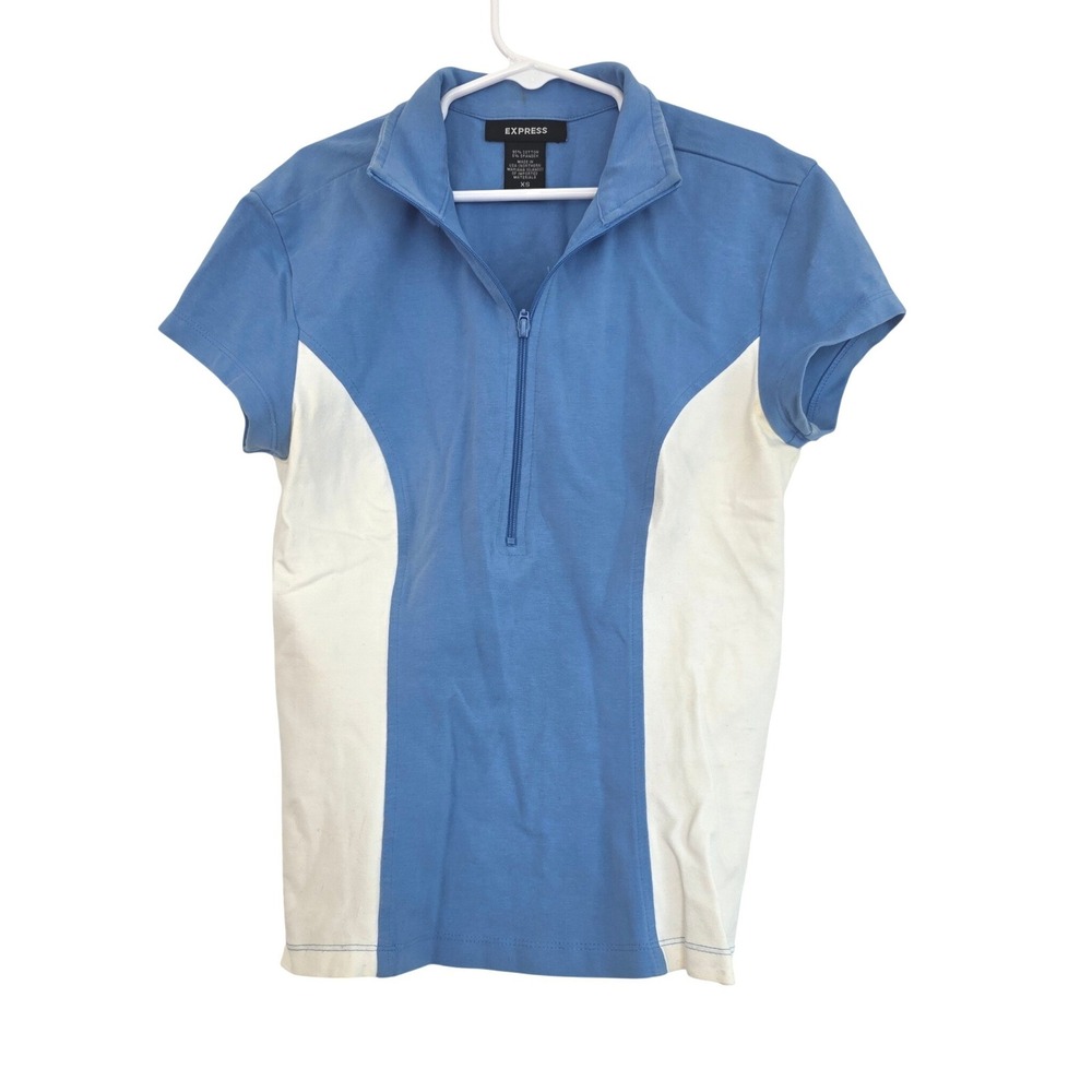EXPRESS Womens Blue White Colorblock Short Sleeve‎ Zip Up Polo Shirt Top XS